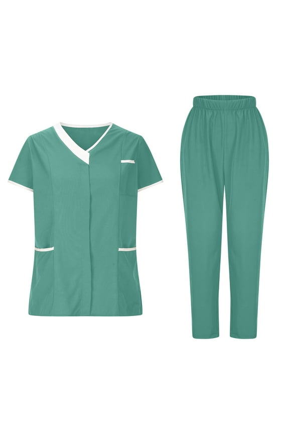 Scrubs for Women Set Solid Color Short Sleeve V Neck Scrubs Tops Jogger Scrub Pants for Women Casual Stretch Oversized Work Nursing Uniform Sets with Pockets