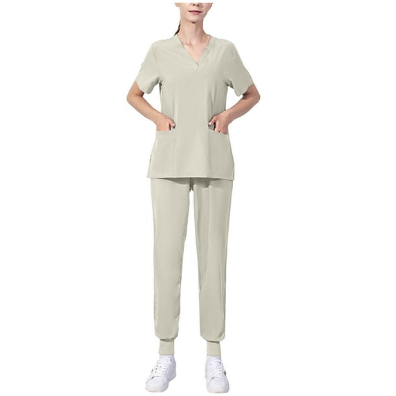 Busydd Scrubs for Women Set Solid Color V Neck Short Sleeve Scrubs Tops Yoga Jogger Scrub Pants for Women Casual Stretch Nursing Working Uniform Sets with Pockets