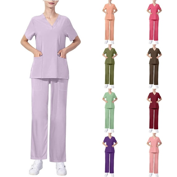Busydd Scrubs for Women Set V Neck Short Sleeve Scrubs Tops Jogger Pants Scrub Sets for Woman Solid Color Scrub Workwear Casual Stretch Working Nursing Uniform Sets with Pockets