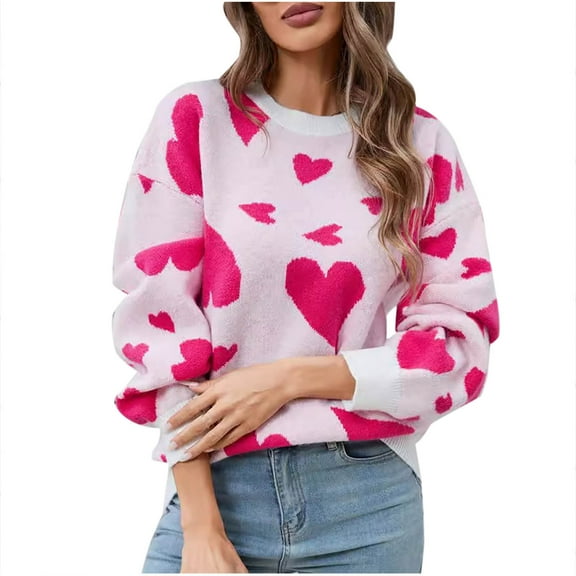 Busydd Sweaters for Women Heart Print Crewneck Sweaters Trendy Long Sleeve Knit Sweater Tops Fashion Casual Fall Sweaters Blouse Loose Pullover Sweaters for Women