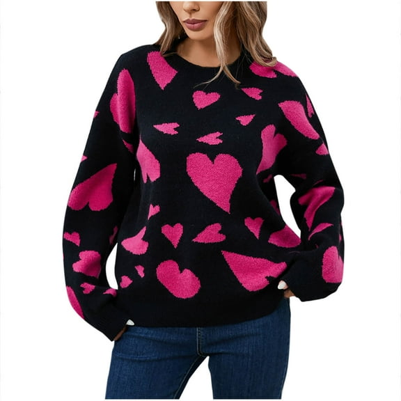 Busydd Sweaters for Women Heart Print Crewneck Sweaters Trendy Long Sleeve Knit Sweater Tops Fashion Casual Fall Sweaters Blouse Loose Pullover Sweaters for Women