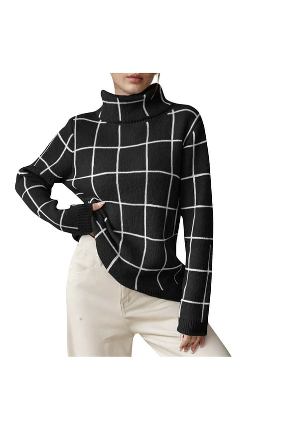 Sweaters for Women Striped Fall Sweaters Long Sleeve Turtleneck Sweater Casual Plaid Pullover Sweaters for Women Trendy Loose Knit Sweater for Women