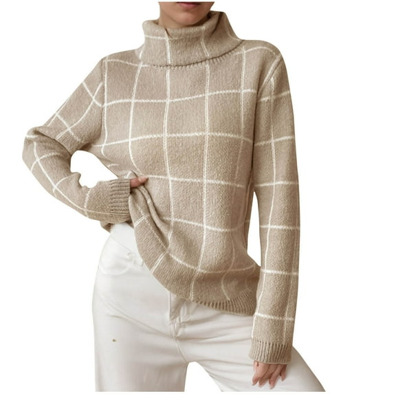 Busydd Sweaters for Women Striped Fall Sweaters Long Sleeve Turtleneck Sweater Casual Plaid Pullover Sweaters for Women Trendy Loose Knit Sweater for Women