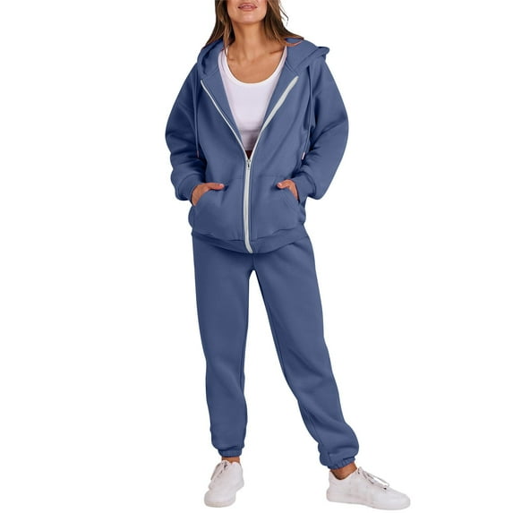 Busydd Sweatsuits Women 2 Piece Outfit Solid Color Tracksuits Long Sleeve Zip Up Hoodies Jogger Pants with Pockets Casual Loose Vacation Travel Outfits for Women