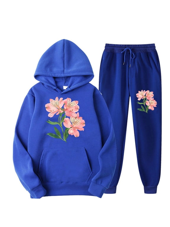 Two Piece Sets for Women Floral Print Hoodie and Elastic Waist Drawstring Sweatpants Sweatsuits with Pockets Casual Loose Track Suits Travel Outfits for Women