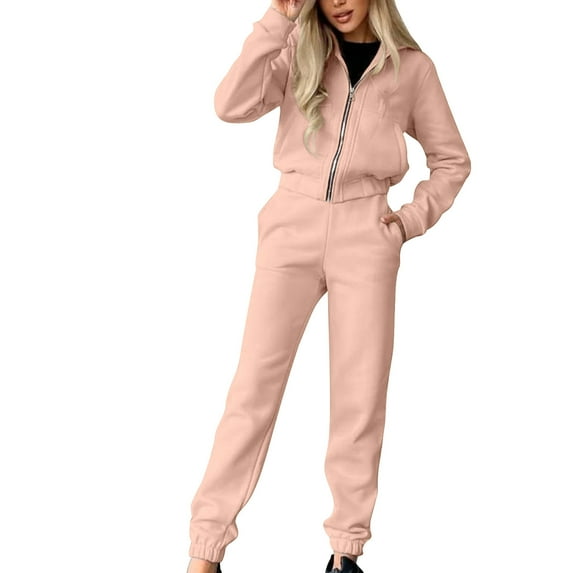 Busydd Two Piece Sets for Women Solid Color Track Suits Long Sleeve Zip Up Hoodies and Sweatpants with Pockets Sweatsuits Sets Casual Fall Vacation Travel Outfits for Women