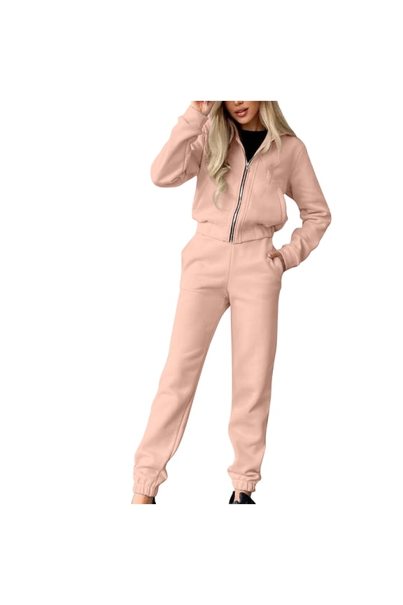 Two Piece Sets for Women Solid Color Track Suits Long Sleeve Zip Up Hoodies and Sweatpants with Pockets Sweatsuits Sets Casual Fall Vacation Travel Outfits for Women
