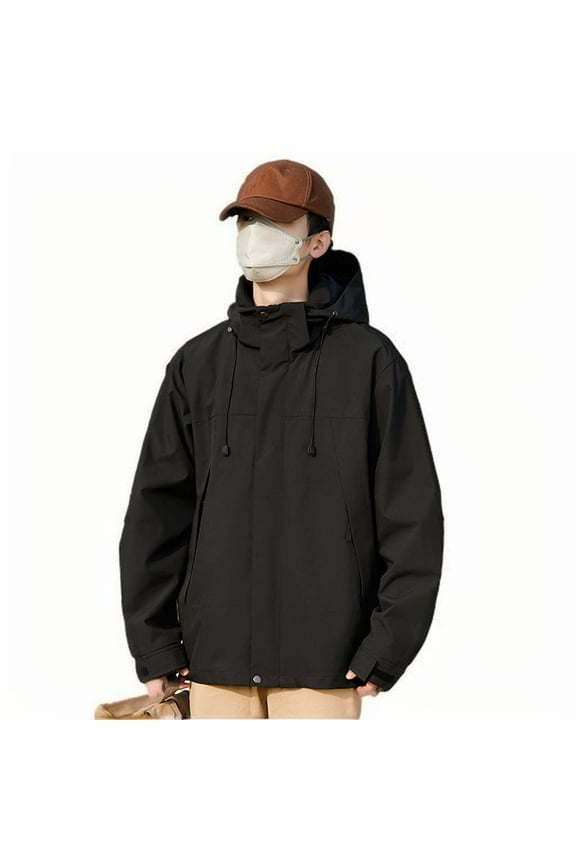 Windbreaker Jackets for Men Solid Color Detachable Hood Hiking Sport Coats Drawstring Zipper Long Sleeve Lightweight Jacket with Pockets XS-3XL