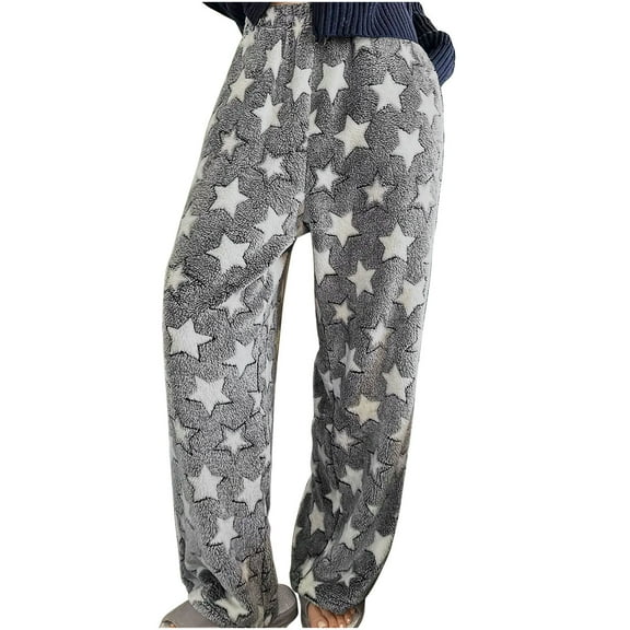 Busydd Women's Pants Casual Loose Fuzzy Pants Fashion Star Print Pajama Pants Elastic Waist Straight Leg Hiking Pants Warm Fleece Pajama Pants Trousers
