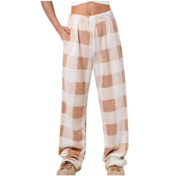 Busydd Womens Pants Winter Cozy Flannel Plaid Pants Casual Warm Elastic Waist Pajama Pants Fashion Loose Fleece Trousers Sleepwear with Pockets