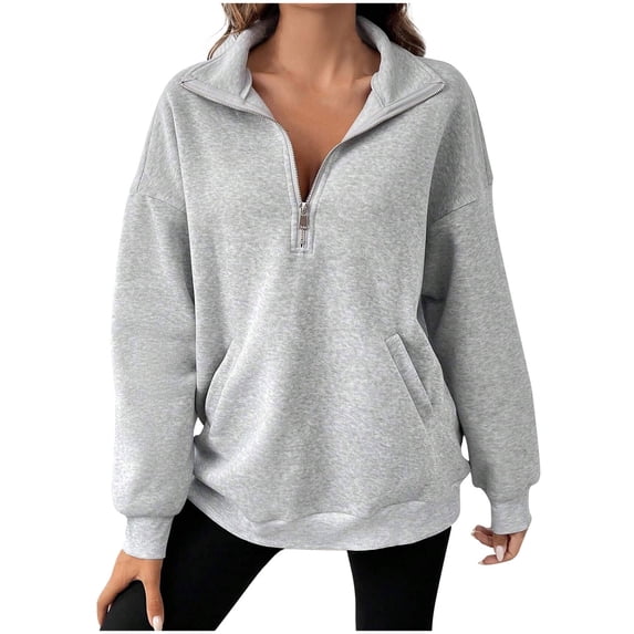 Busydd Womens Sweatshirts No Hood Zippers Solid Color Fall Sweatshirts Fashion Casual Stand Collar Long Sleeve Shirts for Women Loose Comfy Basic Pullover Tops with Pockets