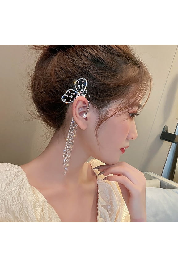 Clearance! Butterfly Earring for Women Elegant Clip Non Pierced Earring Long Zircon Bead Tassel Earring Ear Wrap Cuff Dangle Fairy Elf Earring 1pcs (Right ear)