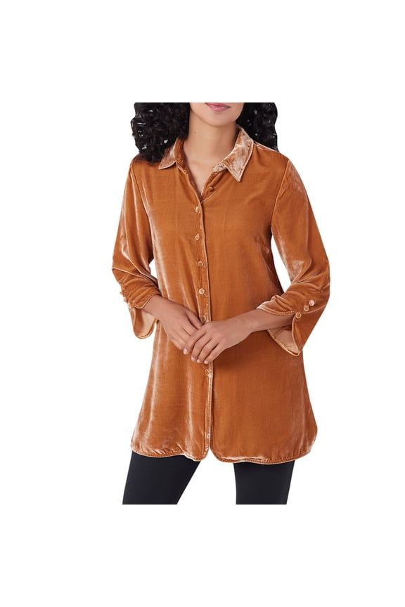 Clearance! Button Down Shirts Women 3/4 Sleeve Velvet Tunic Tops Solid Smart Fit Tee Shirts Business Dress Blouse Elegant Plain Lapel Tee Shirts Workwear Classic Fitted Blouse