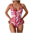 thumbnail image 1 of CaComMARK PI One Piece Swimsuit Women Summer Sexy V Neck Hawaiian Style Printed Spaghetti Strap Swimsuit Red L(L), 1 of 6