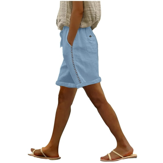 Capri Pants No Slip Leggings for Women Shorts Pants Summer Elastic Waist Casual Linen Pockets Pants