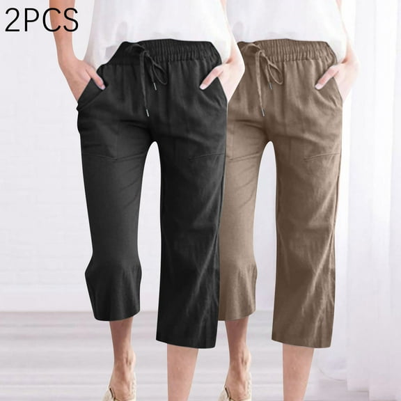 Capri Pants for Women, Xunlbb 2PC Fashion Womens Casual Solid Color Elastic Loose Pants Straight Wide Leg Trousers With Pocket(Black Brown,L)