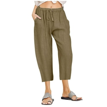Clearance Capri Pants for Women Solid Linen Drawstring Elastic Waist Capris Wide Leg Pants Cropped Trousers Ladies Capri Pants Clearance