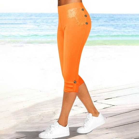 Clearance Capri Pants for Women, Xunlbb Women's Summer High Waisted Solid Color Capris Matching Slim Fitting Yoga Gym Pants(Orange,L)