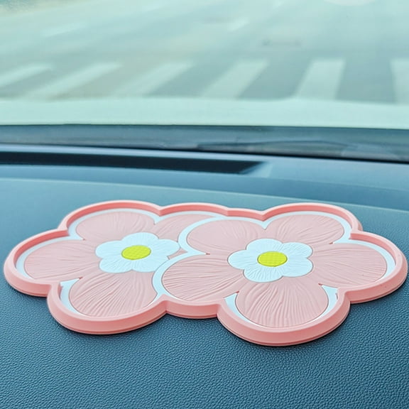 Car Storage Mat, Multifunctional Anti-Slip Car Mat Car Dash Grip Pad, 10.2" × 5.7" Double Flower Car Storage Cushion for Cell Phone, Keychains, Sun Glasses Pink