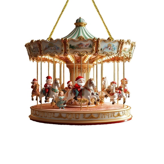 Clearance!!Carousel Music Box Shaped, Spinning Horses & Santa with Warm LED Lights, Christmas Acrylic Ornaments Holiday Hanging for Tree, Home Decor and Gifts