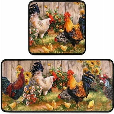 Clearance！Carpetunder $10 Rooster Kitchen Rug 2 Piece Set Sunflower Decor Kitchen Floor Mat Microfiber Washable Runner Rugs Farmhouse Chicken Decorations Kitchen Mats