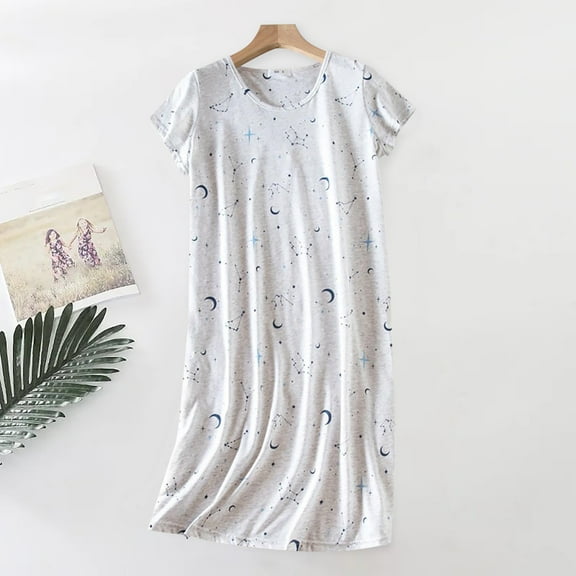Casual Dress Loose Sundress Nightgown Plus Size Cute Cartoon Home Clothes Knitted Cotton Sweet and Fat Short Sleeved Round Neck Pajamas Skirt with Pockets