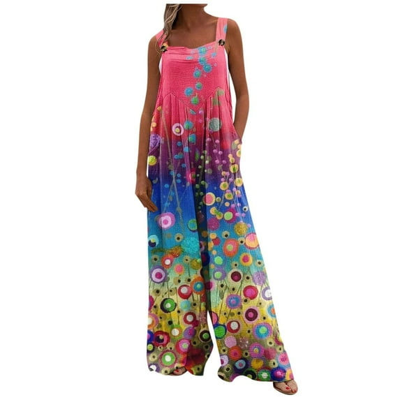 Clearance Casual Jumpsuits for Women Floral Printed Wide Leg Outfits Pants with Multi-Pockets Strapy Pleated Loose-Fit Rompers Overalls