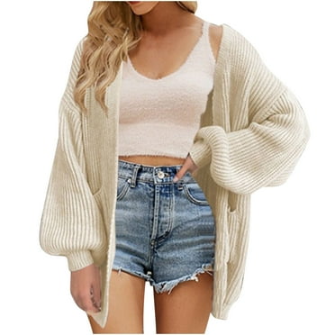 Clearance Casual Knitted Cardigans for Women Long Puff Sleeve V Neck Open Front Loose Sweater Mid Length Pockets Outerwear 2025 Fall