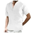 thumbnail image 1 of Casual Linen Shirts for Men Roll-Up Long Sleeve Regular Fit Plain Tshirts Stand Collar Henley Tee Fall Tops (L, White), 1 of 6