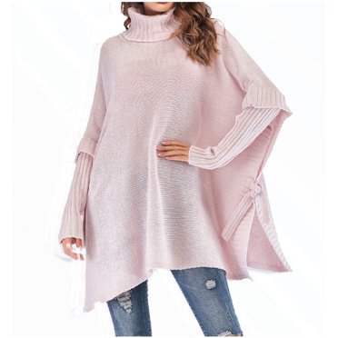 Casual Loose Flowy Long Knit Sweater for Women Turtleneck Long Sleeve Side Split Solid Cape Sweater Pullover Tops Knits