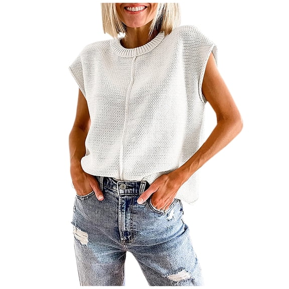 Casual Sweaters for Womens Cap Sleeve Crewneck Knitted Tops Solid Color Casual Loose Pullover Shirts Summer Fall Knits