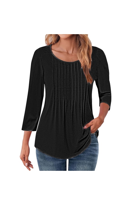 Casual Tshirts Fall Fashion Tops 3/4 Length Sleeve Womens Tops Crewneck Summer Blouses 2025 Pleated Front Tunic Tops Tee Shirt Floral Print Clothes Trendy Tunic Blouses