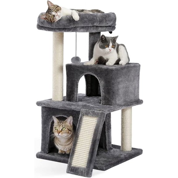 Clearance! Cat Tree Luxury 34 Inches Cat Tower with Double Condos, Spacious Perch, Fully Wrapped Scratching Sisal Posts and Replaceable Dangling Balls Gray