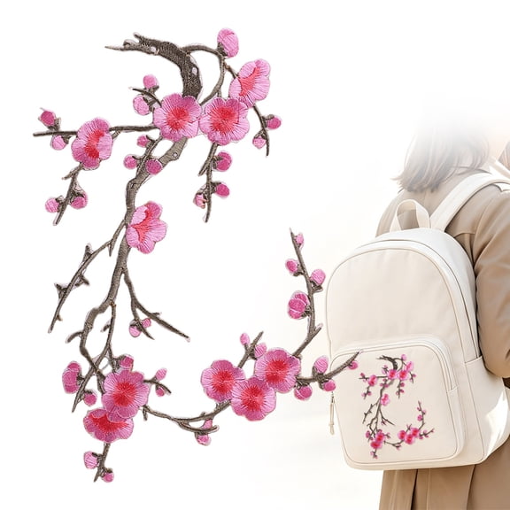 Clearance Cherry Blossom Patch, Embroidered Iron on Or Sew on Flower Applique with Branch Design for Backpack, Jacket, Jeans, Tote Bag, Dress and DIY Decoration, 14.6 x 5.5 Inch