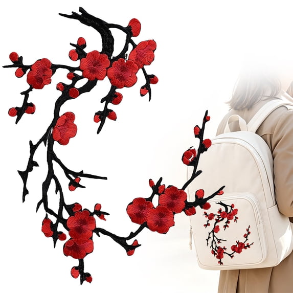 Clearance Cherry Blossom Patch, Embroidered Iron on Or Sew on Flower Applique with Branch Design for Backpack, Jacket, Jeans, Tote Bag, Dress and DIY Decoration, 14.6 x 5.5 Inch