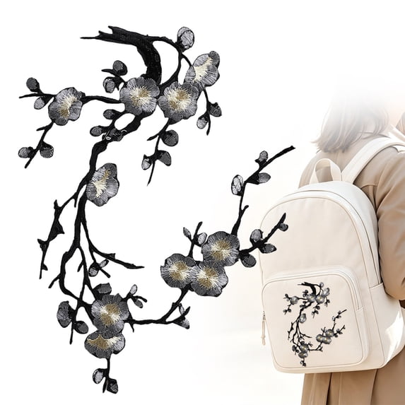 Clearance Cherry Blossom Patch, Embroidered Iron on Or Sew on Flower Applique with Branch Design for Backpack, Jacket, Jeans, Tote Bag, Dress and DIY Decoration, 14.6 x 5.5 Inch