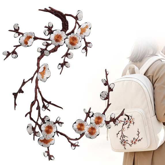 Clearance Cherry Blossom Patch, Embroidered Iron on Or Sew on Flower Applique with Branch Design for Backpack, Jacket, Jeans, Tote Bag, Dress and DIY Decoration, 14.6 x 5.5 Inch