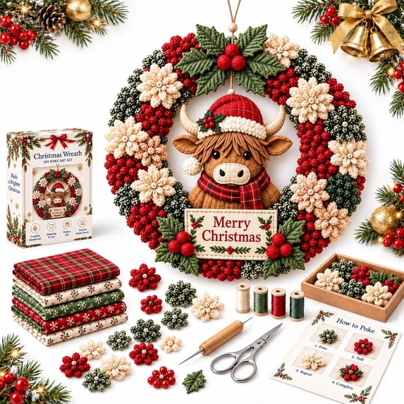 Clearance!Christmas 3D Fabric Poke Wreath DIY Kit, Christmas Wreath DIY Kit for Adults Teens, Christmas Decorations Gift