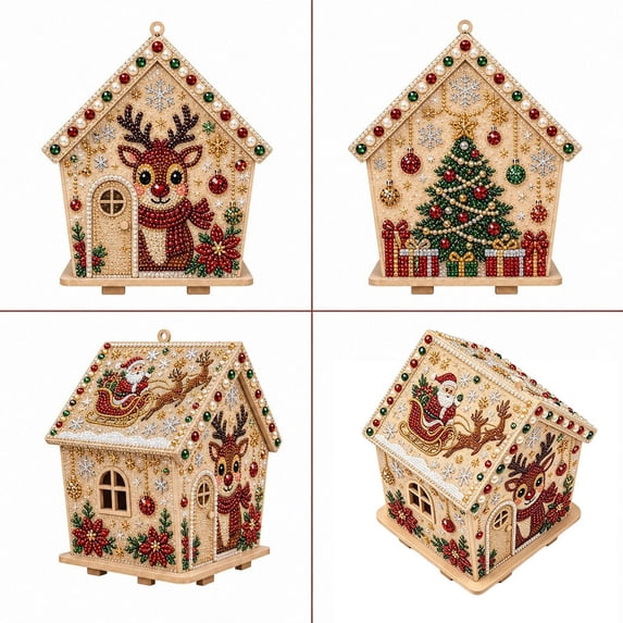 Clearance! Christmas 3D Wooden House Art DIY Kit Relaxing Craft, Holiday Christmas Handmade Pearl Art Kit Decoration Gifts Interactive Handmade Project for Kidults Family Holiday Activity #23