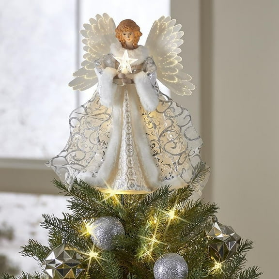 Christmas Angel Treetop Figurine, 9.8 Inch Christmas Treetop for Christmas Tree Ornaments, Angel Tree Topper Lighted for Christmas Tree Decorations Party Favors