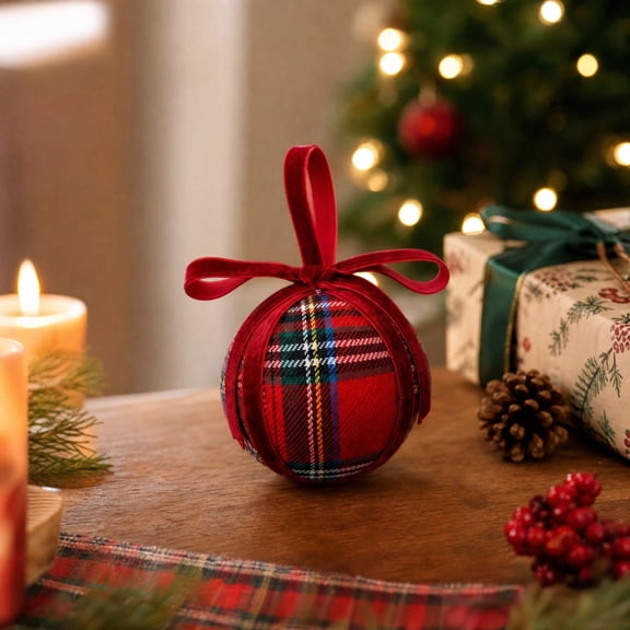 Clearance! Christmas Ball Ornament, 3.2" Fabric Christmas Tree Ornament with Plaid Pattern and Velvet Ribbon Bow, Rustic Hanging Decoration for Holiday Home Decor