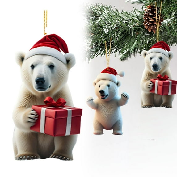 Clearance! Christmas Bear with Santa Hat Decor Acrylic Xmas Christmas Decorations for Tree 2D Flat Hanging Pendant Santa for Tiny Christmas Tree Funny New Year Christmas Tree Orna