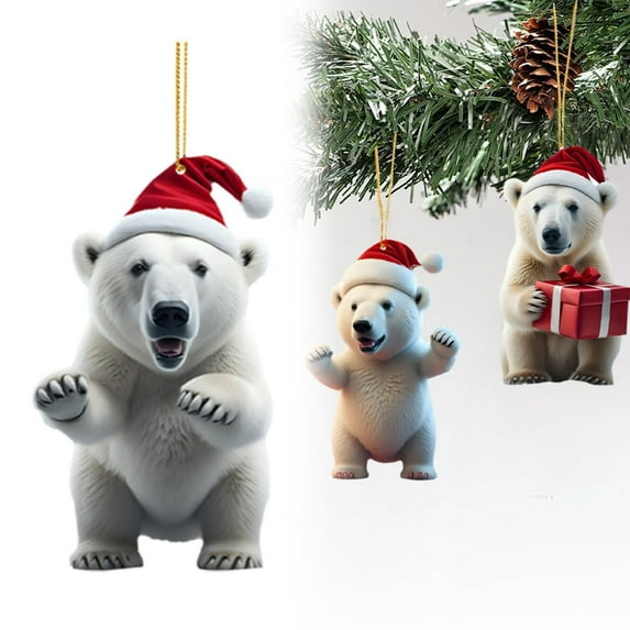 Clearance! Christmas Bear with Santa Hat Decor Acrylic Xmas Christmas Decorations for Tree 2D Flat Hanging Pendant Santa for Tiny Christmas Tree Funny New Year Christmas Tree Orna