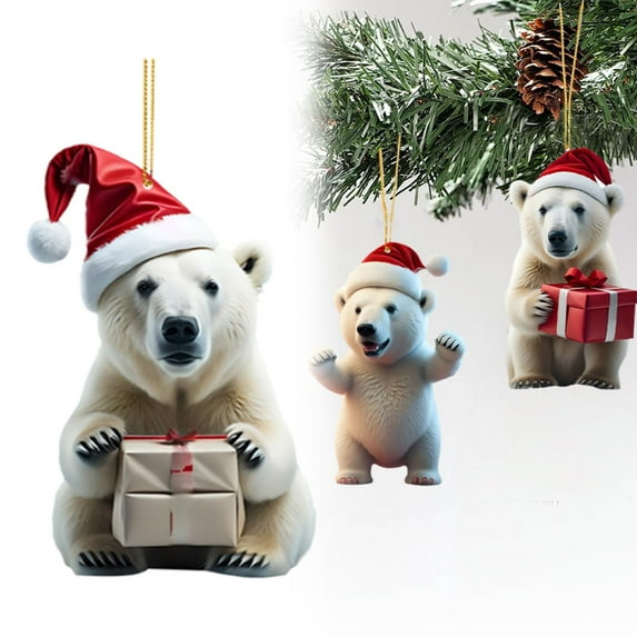 Clearance! Christmas Bear with Santa Hat Decor Acrylic Xmas Christmas Decorations for Tree 2D Flat Hanging Pendant Santa for Tiny Christmas Tree Funny New Year Christmas Tree Orna