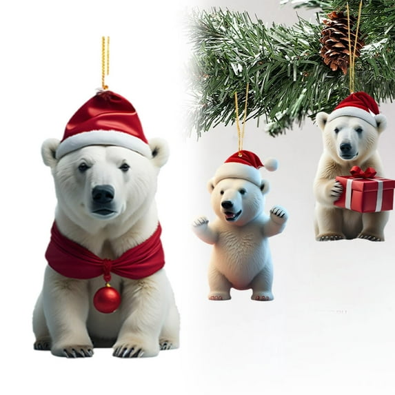 Clearance! Christmas Bear with Santa Hat Decor Acrylic Xmas Christmas Decorations for Tree 2D Flat Hanging Pendant Santa for Tiny Christmas Tree Funny New Year Christmas Tree Orna