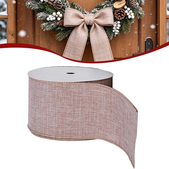 Clearance Christmas Burlap Wired Ribbon Roll, 2.48 Inch x 10 Yards Natural Linen Edge Craft Ribbon for Wreath Tree Holiday DIY