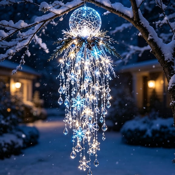 Clearance! Christmas Crystal Cascade Hanging Light, Blue Crackle Ball Snowflake Decoration, Cascading Crystal Drop Hanging Decor for Christmas