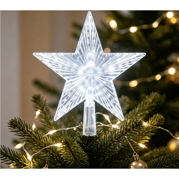 Clearance Christmas Decor - 1PC Christmas Tree Topper Star, Flashing 5‑Point Star Tree Top Ornament with Warm White LED Lights, Plug‑in Clear Acrylic Star for Christmas Tree Holiday Home Decoration