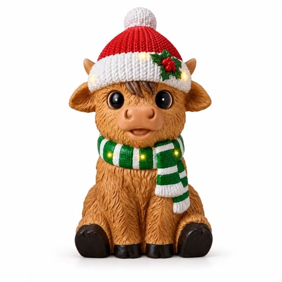 Clearance! Christmas Decorations, Light Up Highland Cow Resin Figurine With Knit Santa Hat & Striped Scarf, Festive Statue for Indoor Outdoor Yard Porch Holiday Decoration, 7.87"