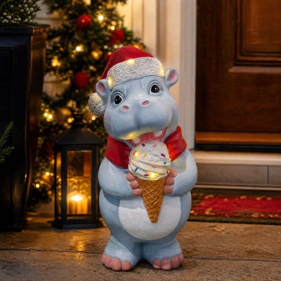 Clearance! Christmas Decorations, Light Up Hippo Resin Figurine With Santa Hat Holding Ice‑Cream, Festive Holiday Statue for Tabletop Mantel Covered Porch Yard Christmas Gift,7.87"